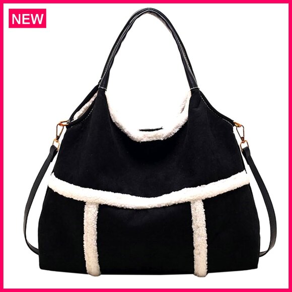 Handbags - Large Suede Tote Bag with Lamb Wool Lining Adjustable Shoulder Strap